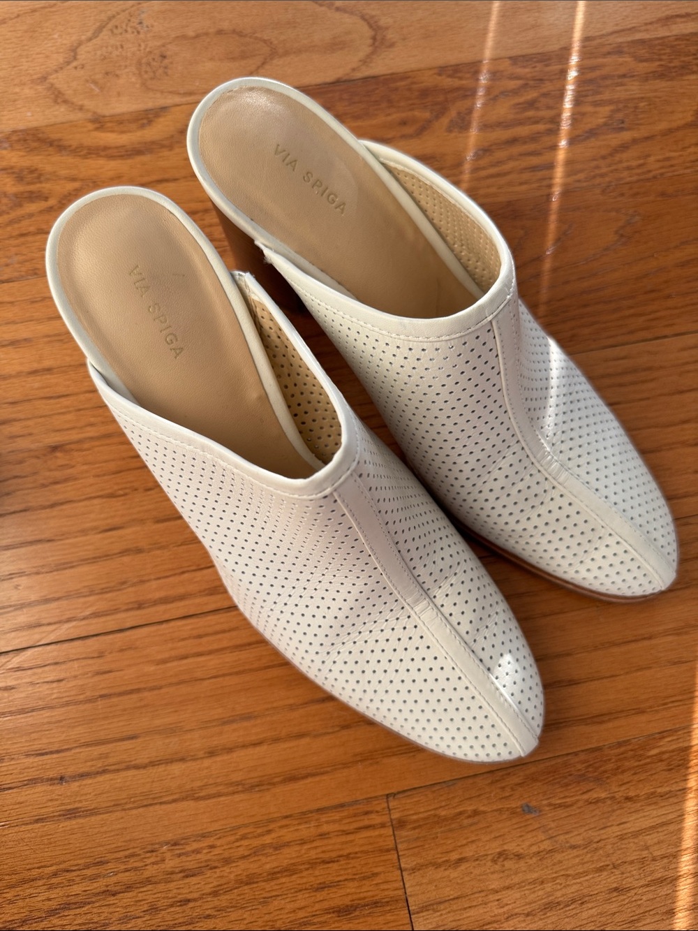 Via Spiga White Perforated Leather Mule Slides